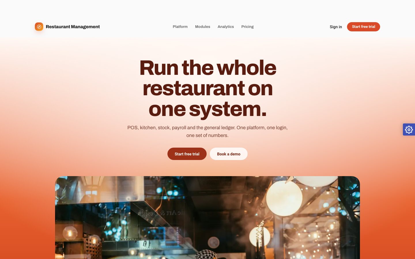 Easy Restaurant home page with the headline Run the whole restaurant on one system
