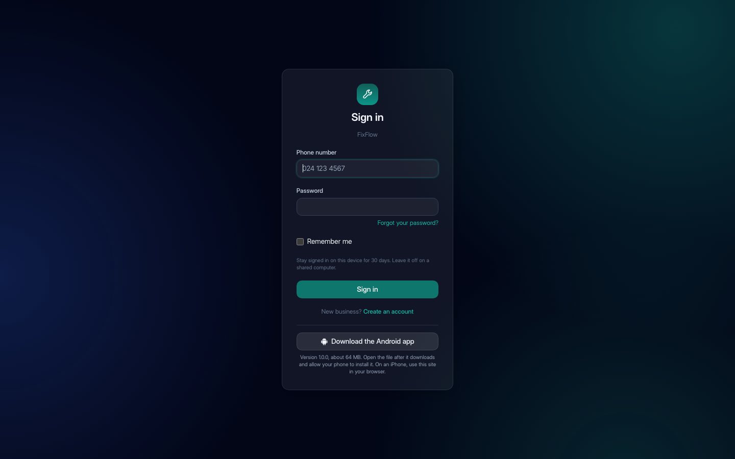 FixFlow sign-in screen with a link to download the Android app