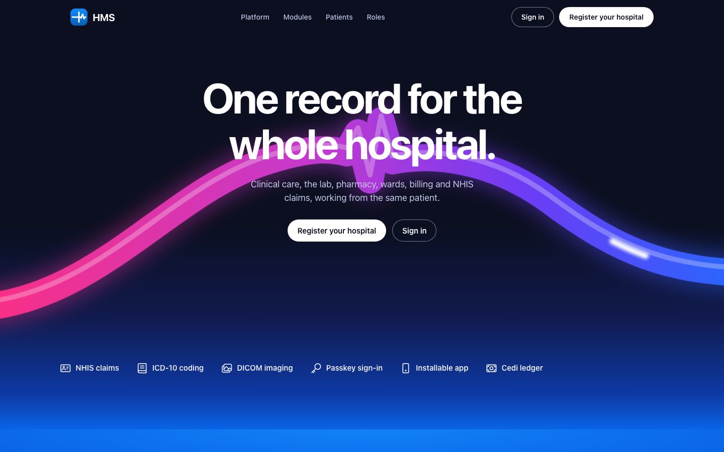 HMS home page with the headline One record for the whole hospital