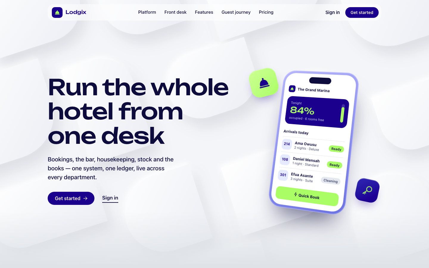 Lodgix home page showing a phone with room occupancy and today’s arrivals