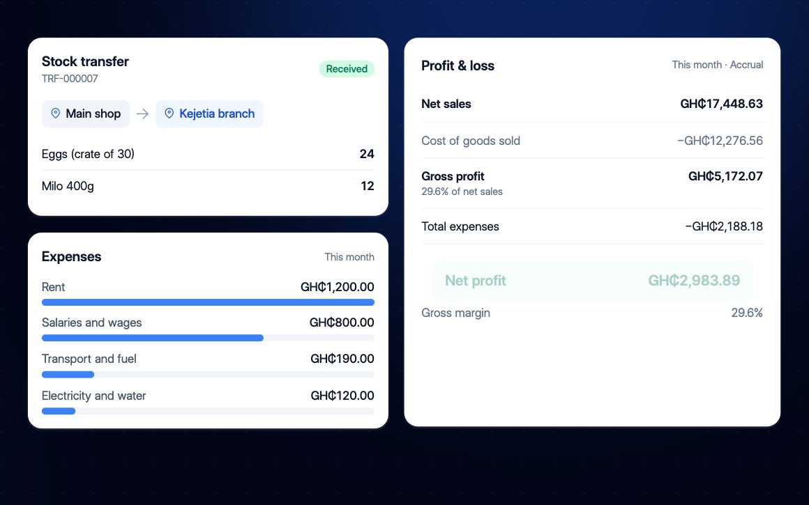 Mini POS back office showing a stock transfer, expenses and profit and loss
