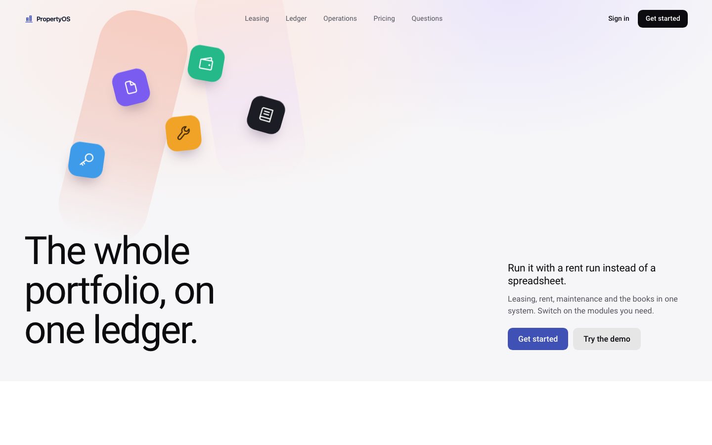 PropertyOS home page with the headline The whole portfolio, on one ledger