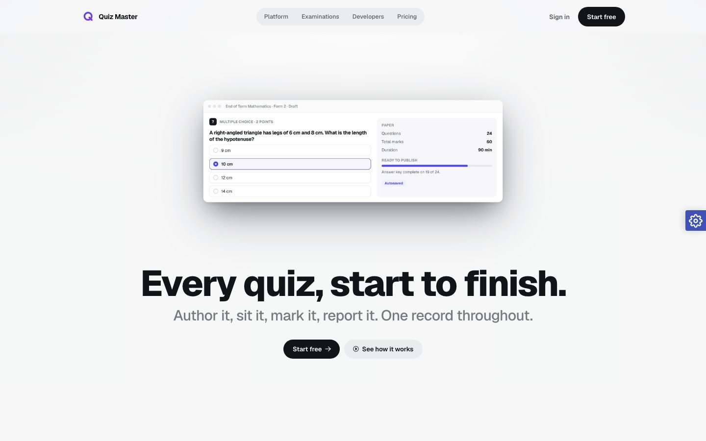 Quiz Master home page with the headline Every quiz, start to finish