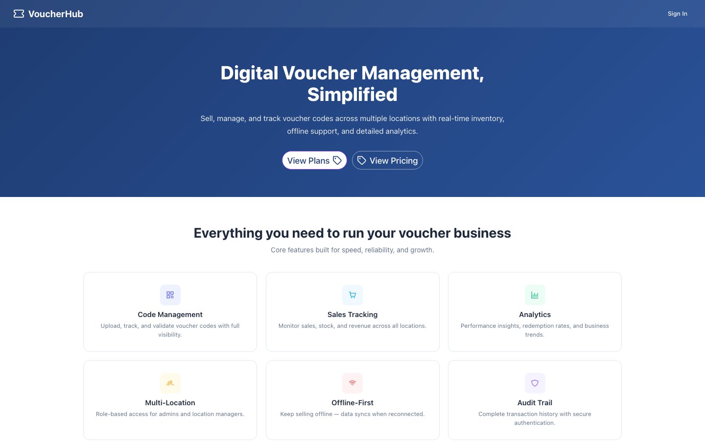 VoucherHub home page with the headline Digital Voucher Management, Simplified